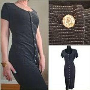 Stretch Black Rhinestone Button Down Cap Sleeve Dress 8/Medium